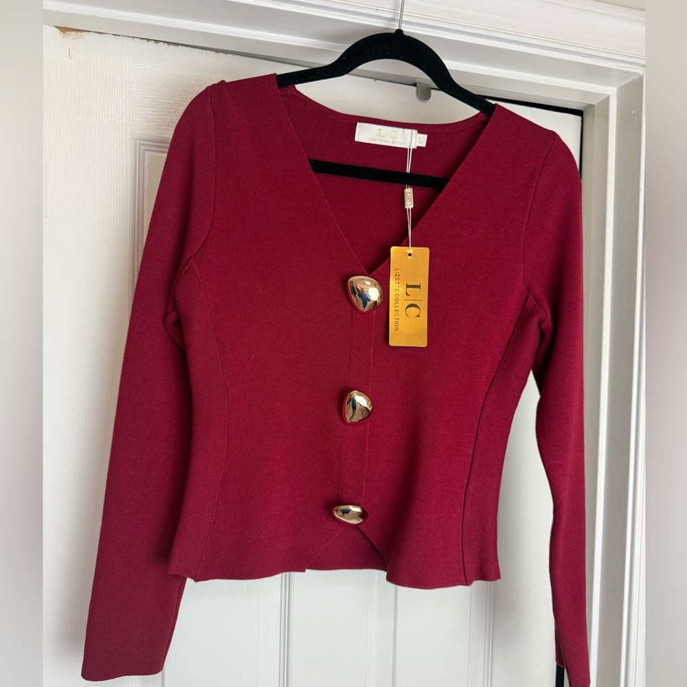 NWT LC Burgundy Button-Front Cardigan Blouse Size L